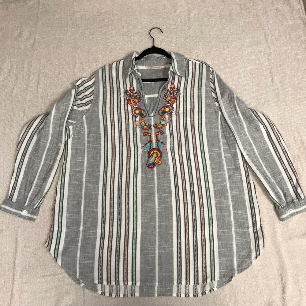 Soft Surroundings embroidered striped tunic top.
